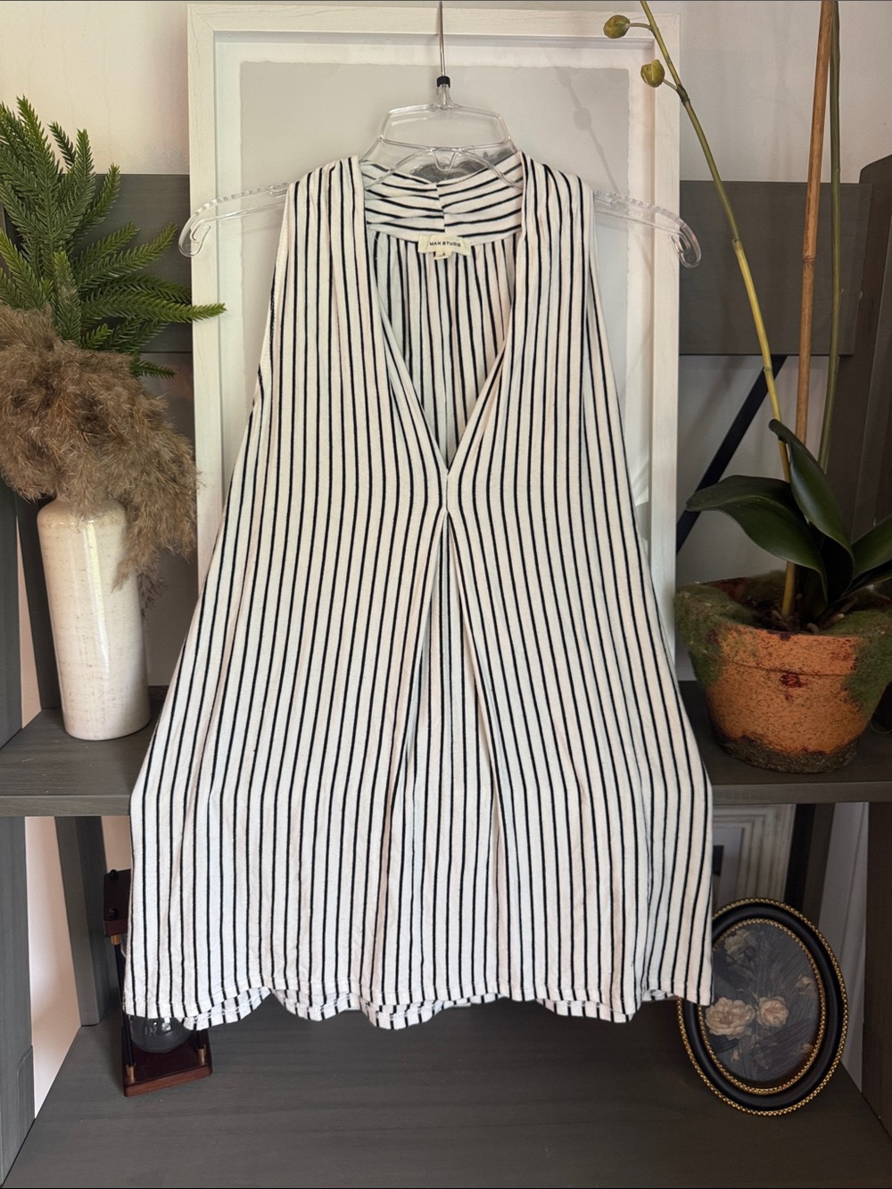 Max Studio White and Black Striped Sleeveless V-Neck Blouse